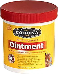 Yellow container of multi-purpose ointment with red lid, labeled for cuts, sores, burns, and dry skin care.