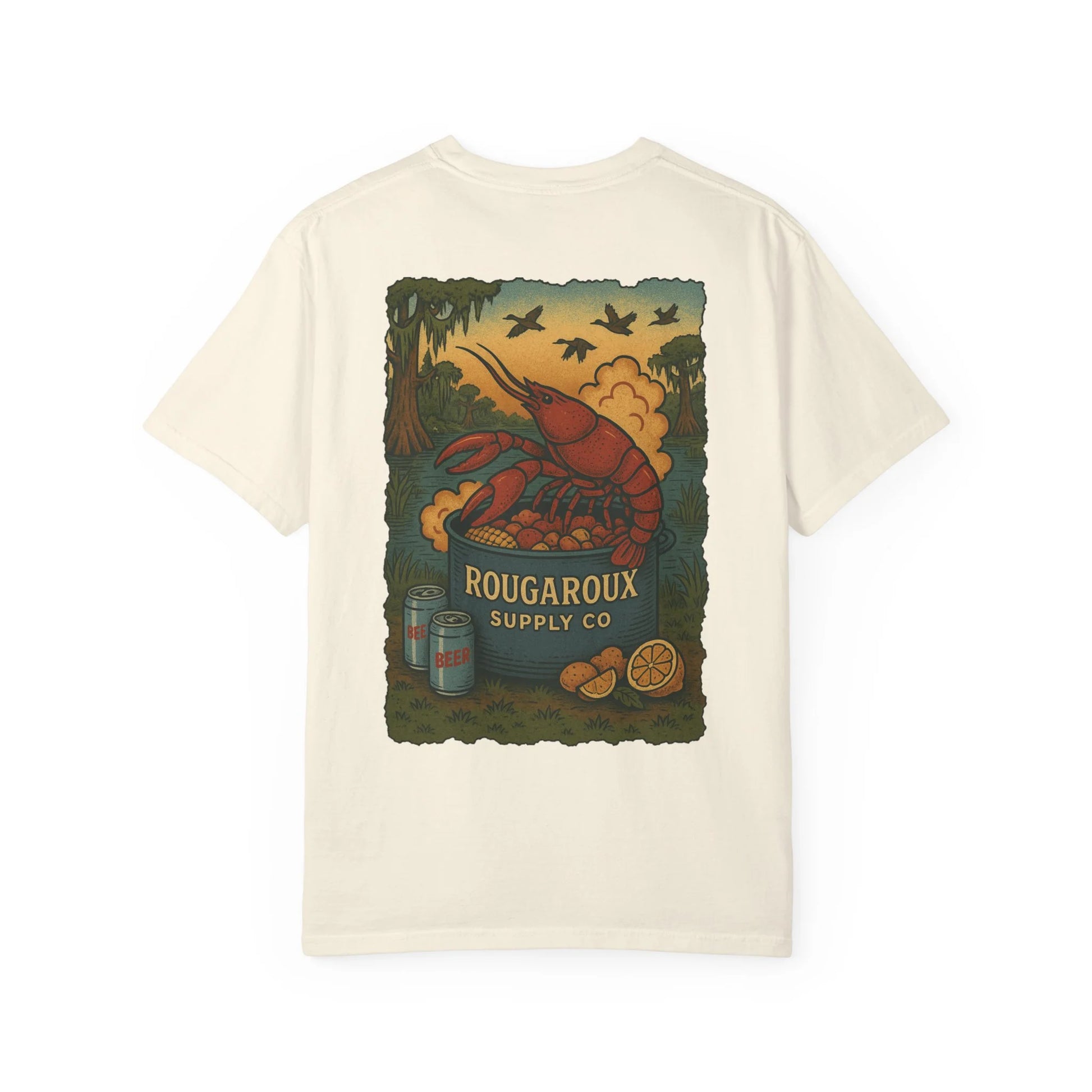 Beige t-shirt with a crawfish graphic and 'Rougaroux Supply Co' text on a white background