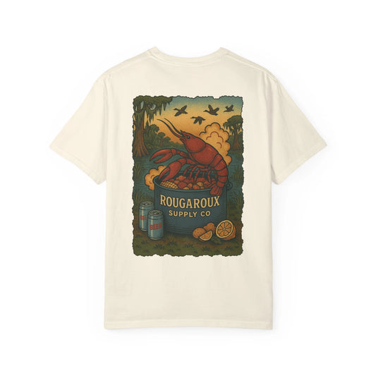 Beige t-shirt with a crawfish graphic and 'Rougaroux Supply Co' text on a white background