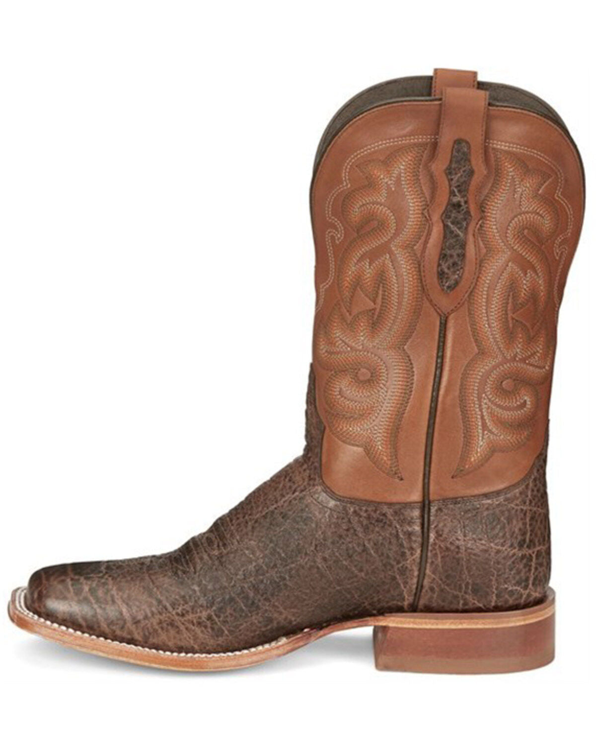 Brown leather cowboy boot with intricate stitching and square toe, western style footwear