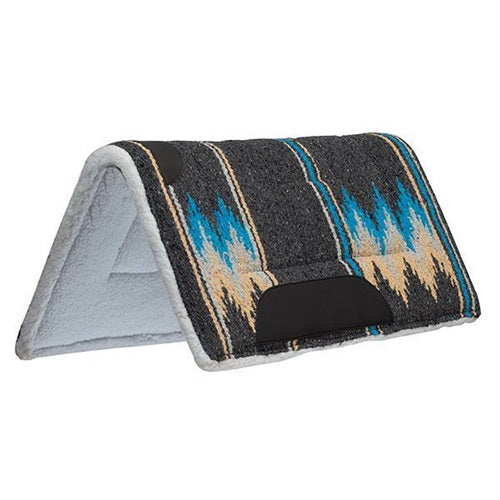 Contoured wool saddle pad with southwest pattern in grey, tan, and blue, fleece underside.