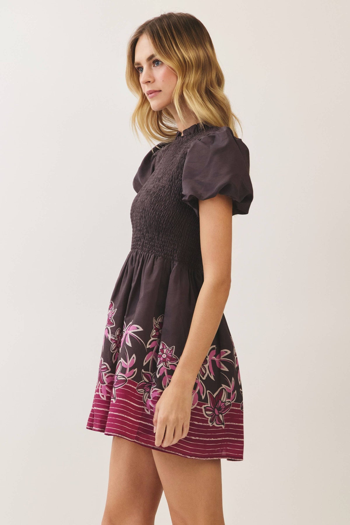 TCEC - CD07522-Floral Border Print Smocked Mini Dress