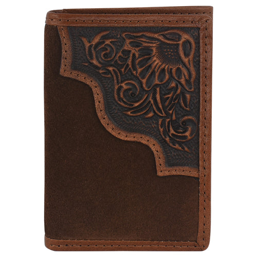 Brown leather wallet with intricate embossed design on a white background