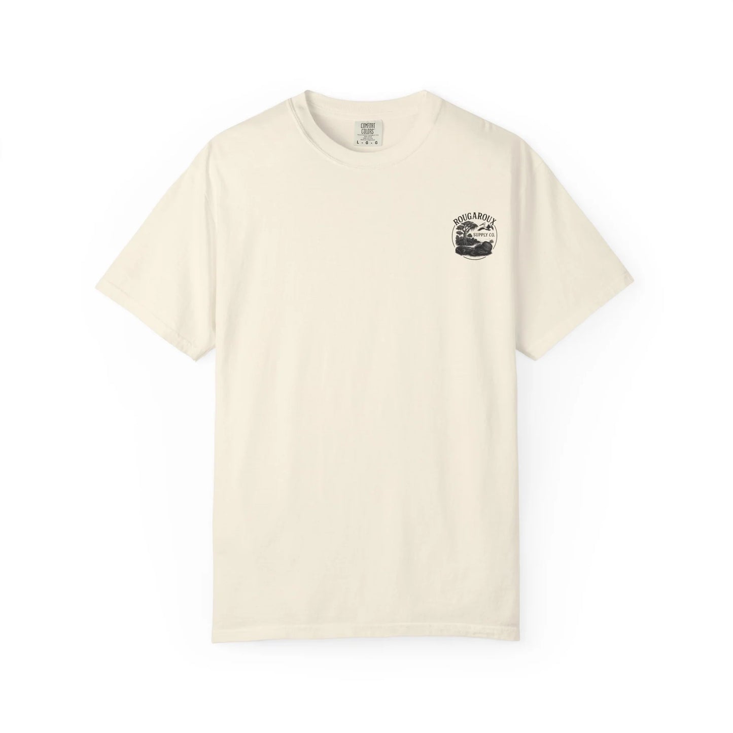 Beige t-shirt with a small black and white graphic on a white background