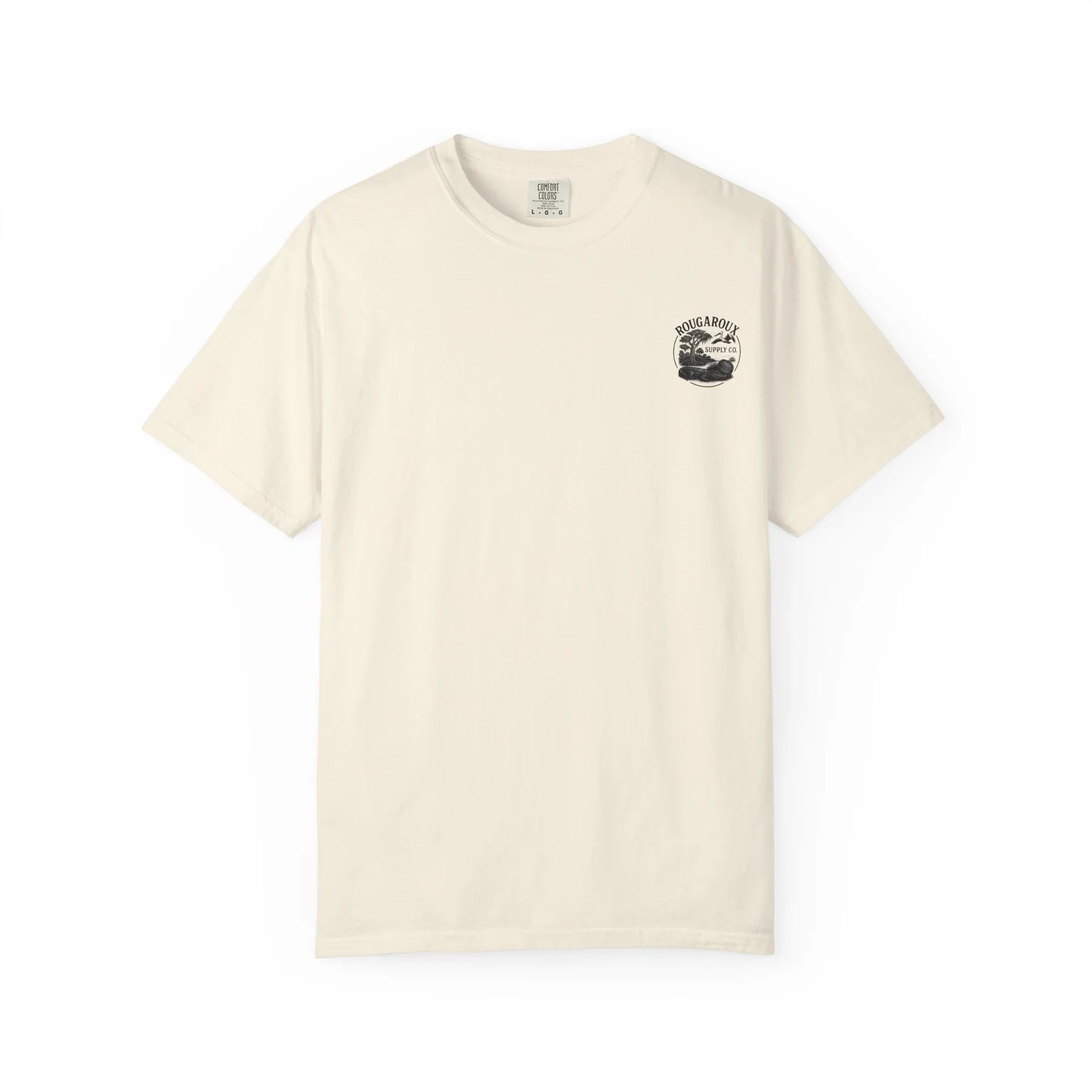 Beige t-shirt with a small black and white graphic on a white background