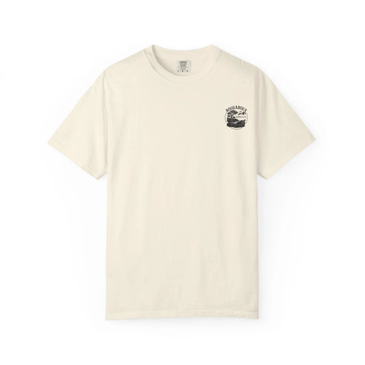 Beige t-shirt with a small black and white graphic on a white background