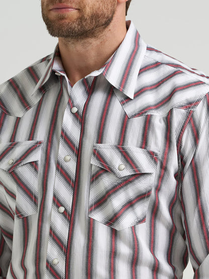 Men's western shirt with black, red, and white stripes, snap buttons, and chest pockets