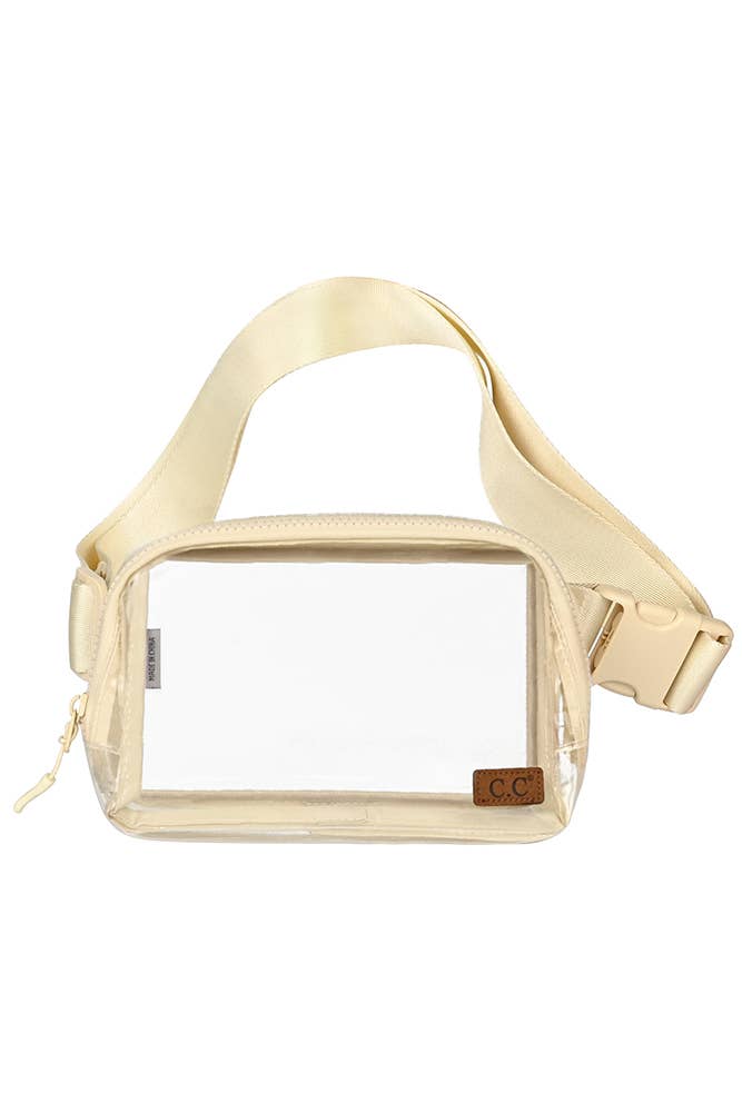 Beige transparent waist bag with gold strap on a white background