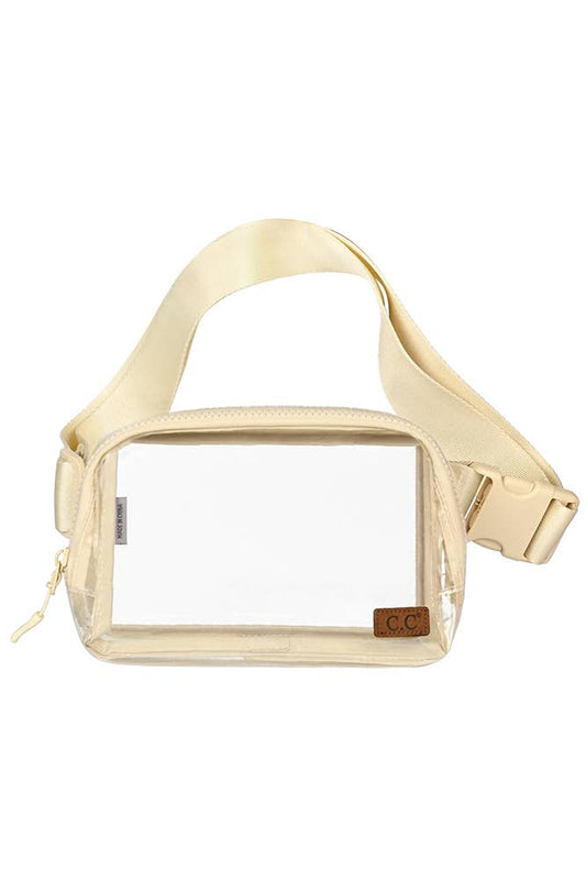 Beige transparent waist bag with gold strap on a white background