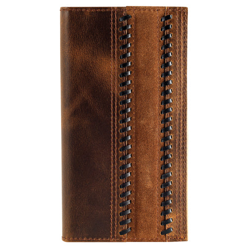 Brown leather wallet with black stitching on a white background