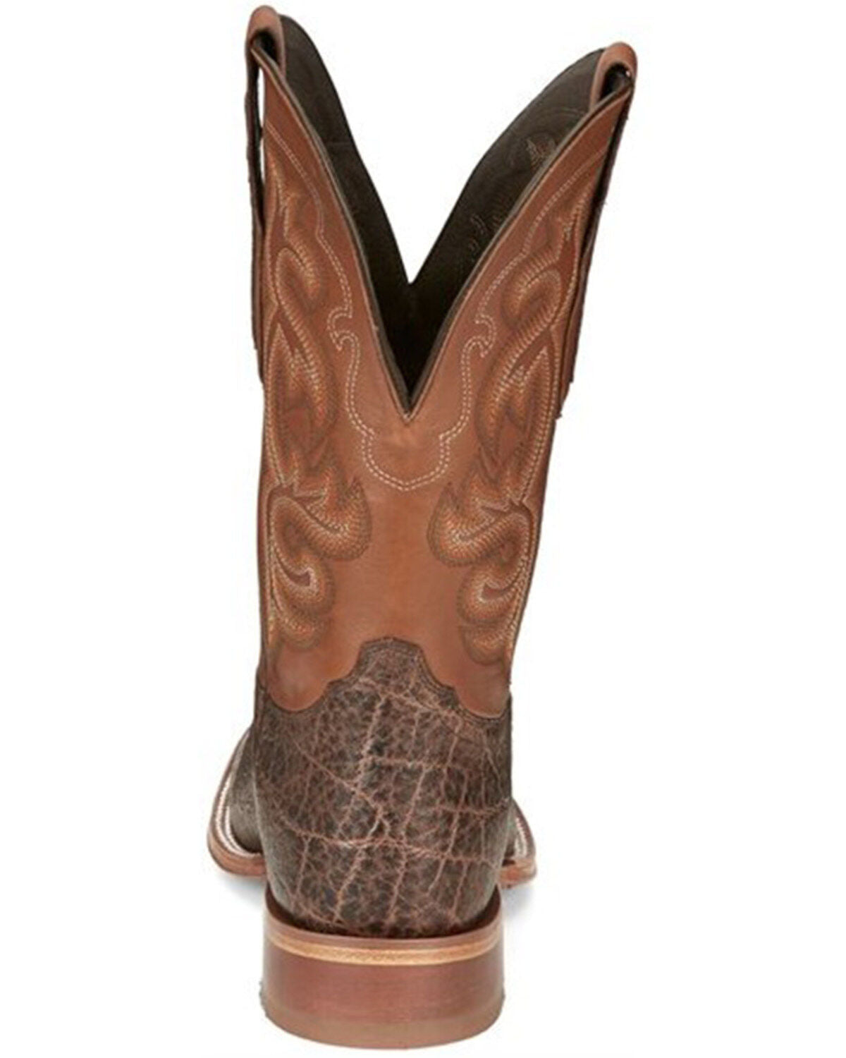 Brown leather cowboy boot with textured heel and decorative stitching, rear view