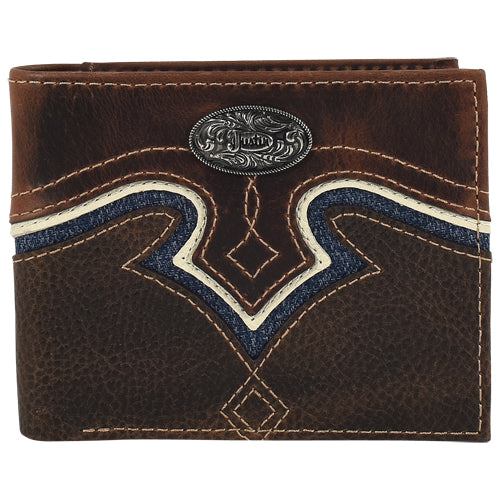 Brown leather wallet with decorative stitching and emblem on a white background