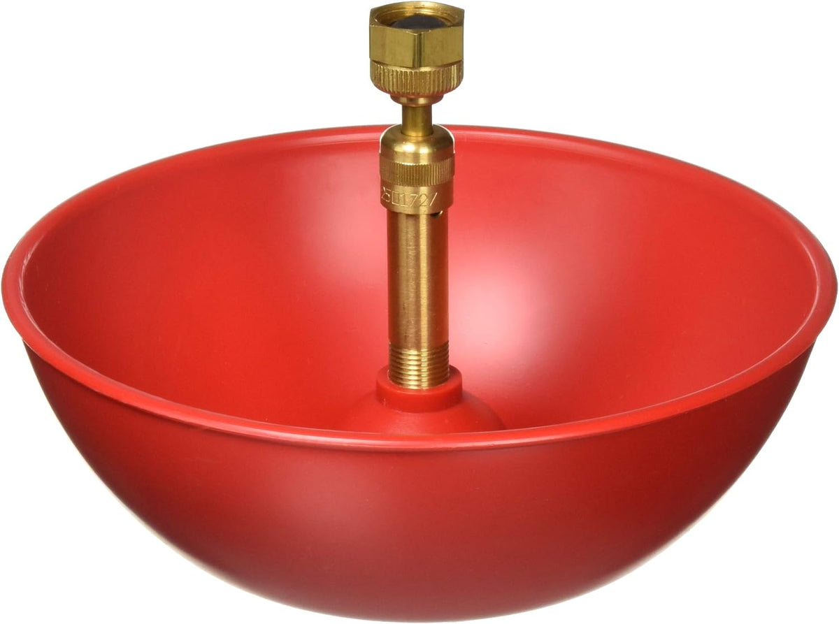 Red metal bowl with a brass fitting on a white background