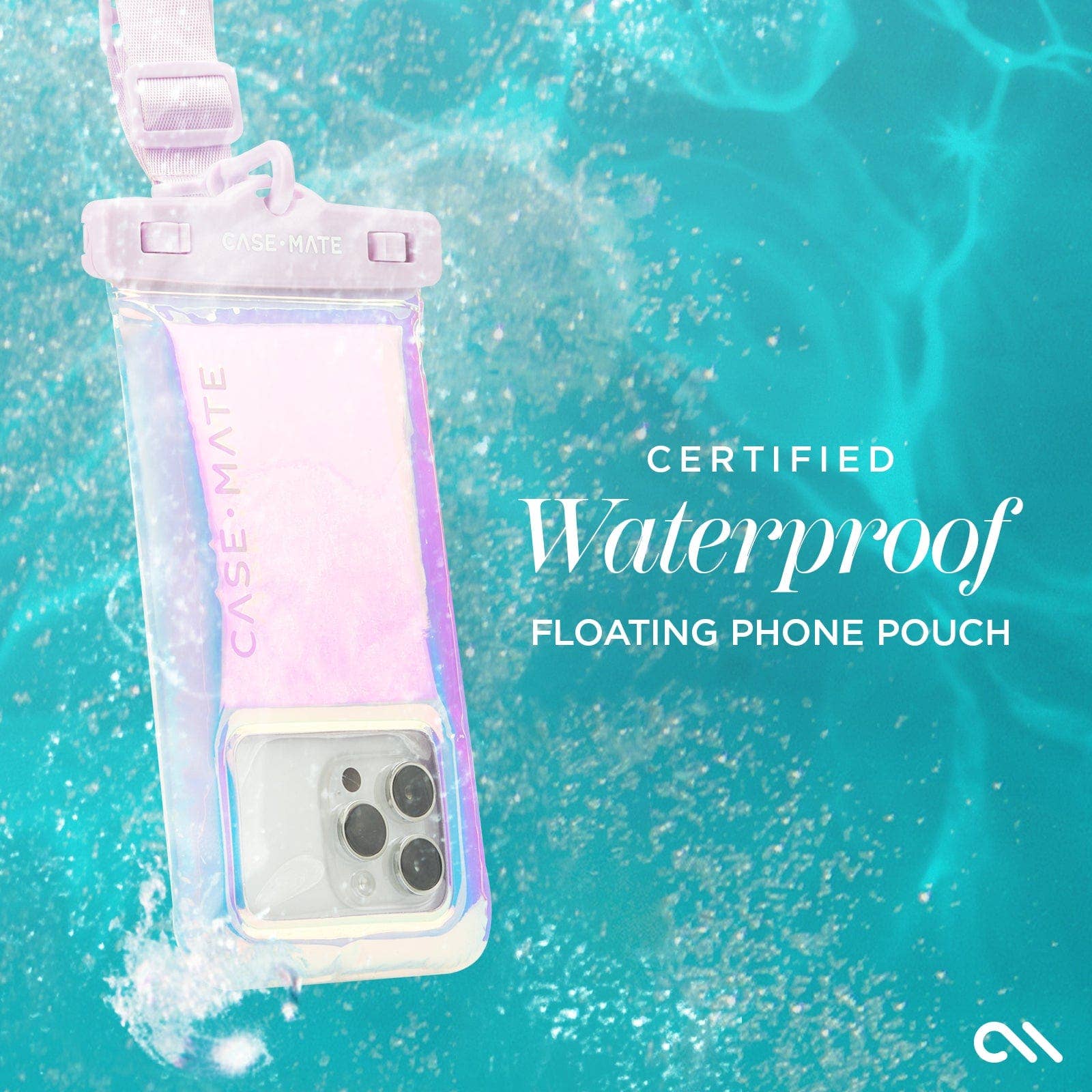 Waterproof floating phone pouch with a phone inside, submerged in water.