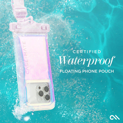 Waterproof floating phone pouch with a phone inside, submerged in water.