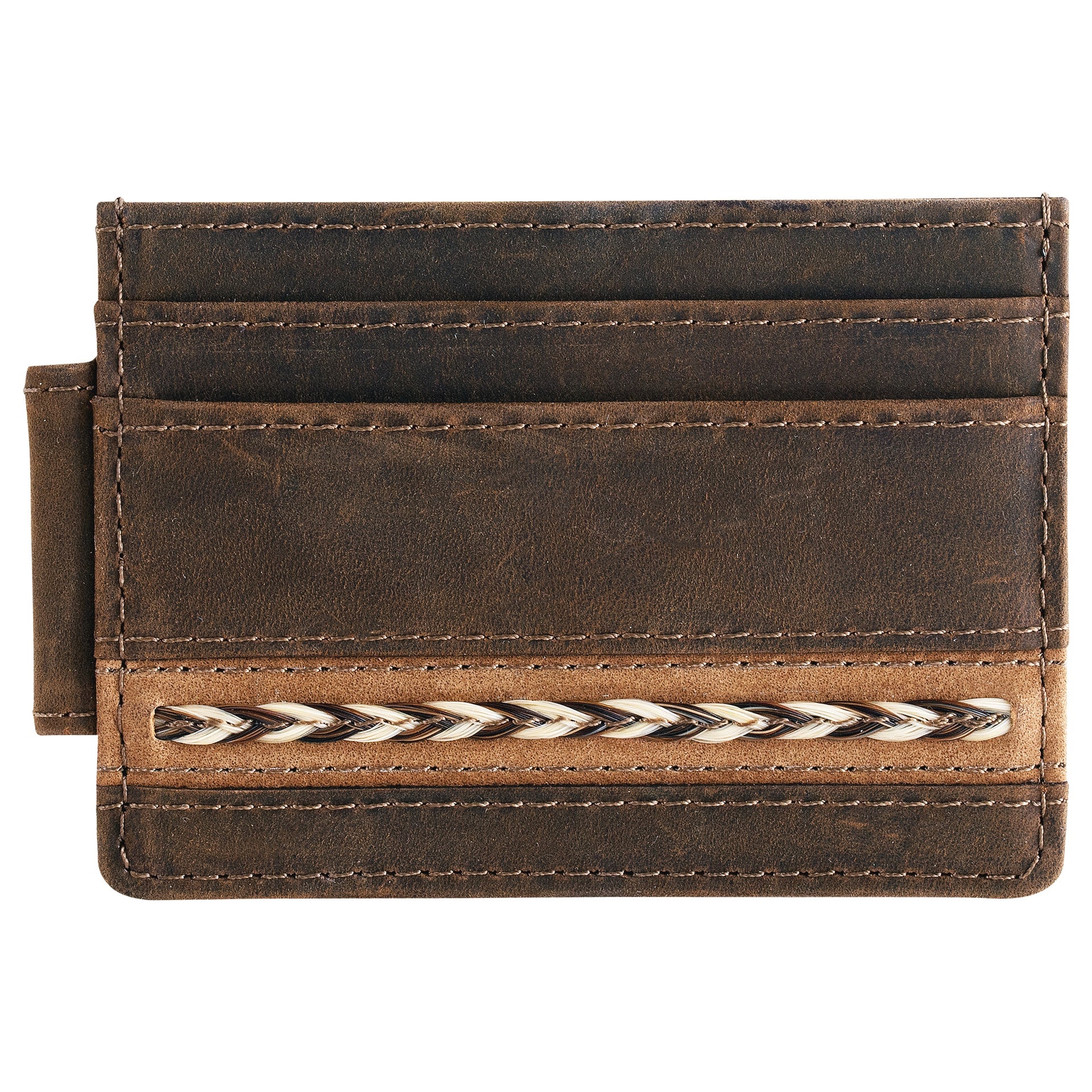Brown leather cardholder with braided design on a white background