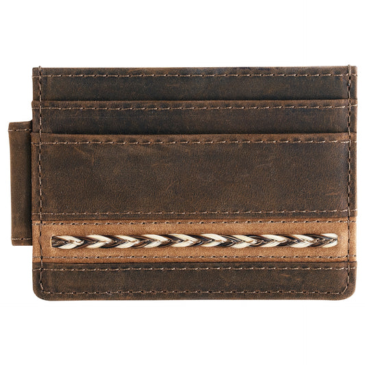 Brown leather cardholder with braided design on a white background