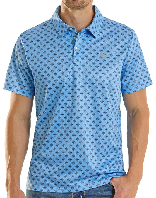 Man wearing a blue patterned polo shirt on a white background