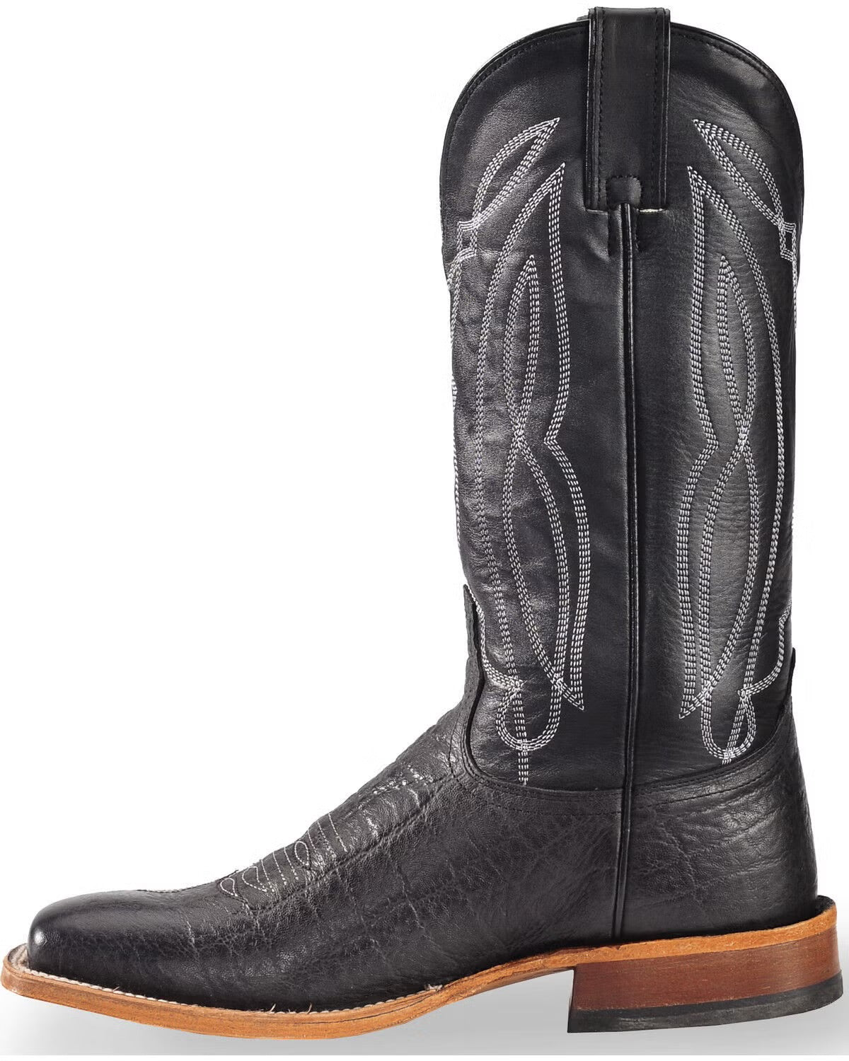 Black leather western cowboy boot with white stitching and brown sole