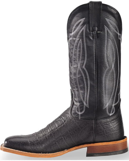 Black leather western cowboy boot with white stitching and brown sole