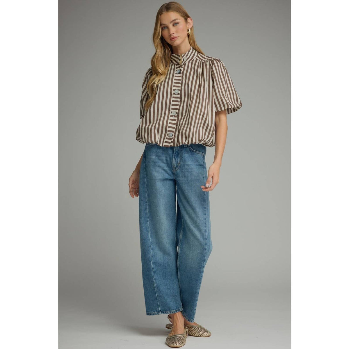 Stripe short puff sleeve top