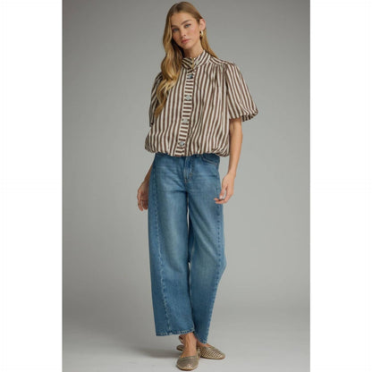 Stripe short puff sleeve top
