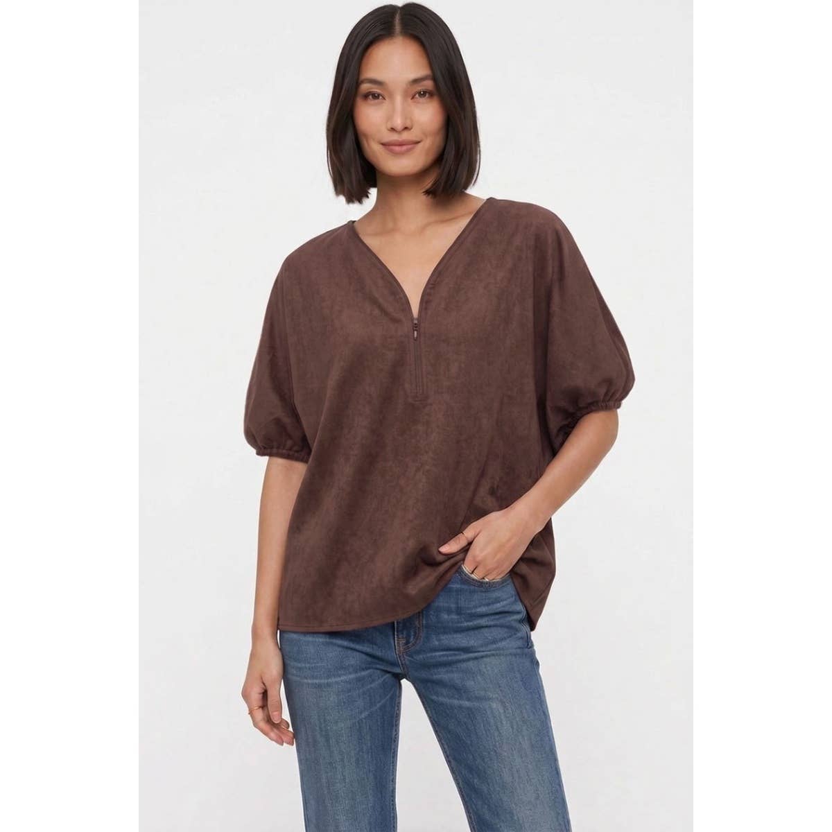 Naked Zebra - Half Zip Soft Matte Dolman Sleeve Fall Blouse