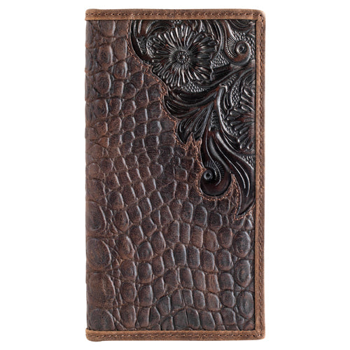 Brown leather wallet with floral embossing on a white background