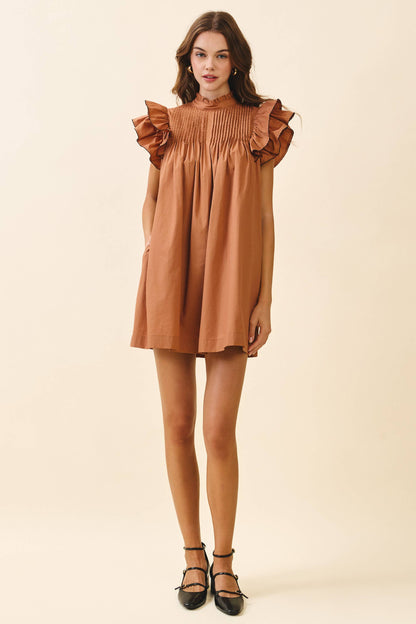 TCEC - CD06395-Back Button Down High Neck Babydoll Mini Dress