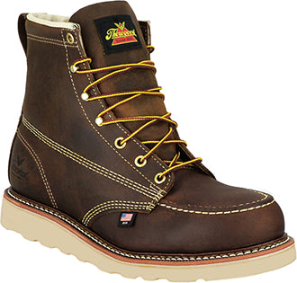 A dark brown leather work boot with yellow laces, contrast stitching, and a thick beige sole, shown from a three-quarters angle on a white background.