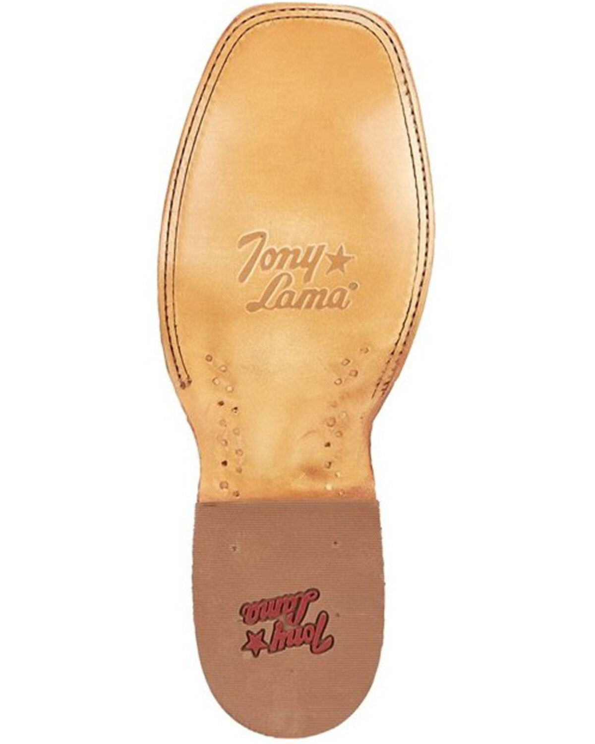 Square toe tan leather cowboy boot sole with stitched detail and Tony Lama logo