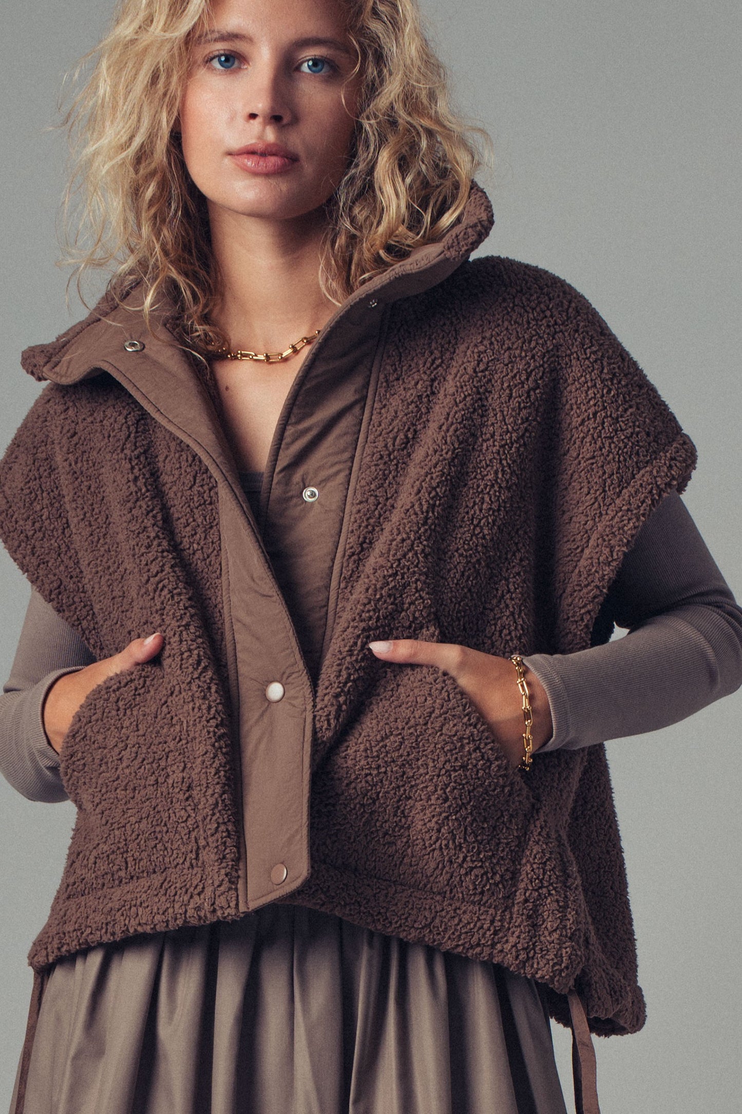 Cozy Sherpa Vest With Quilted Collar Detail