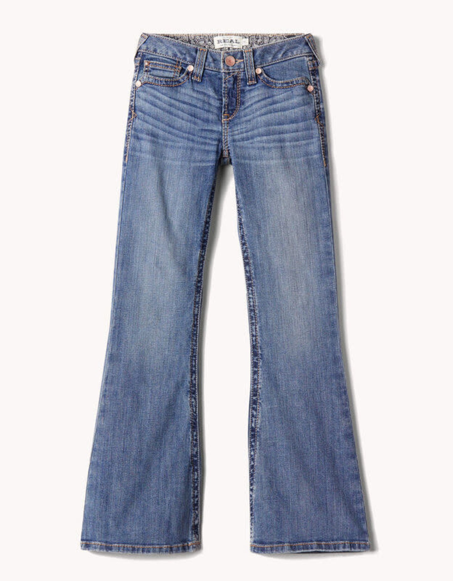 Classic blue bootcut denim jeans with five pockets and faded detailing, laid flat.