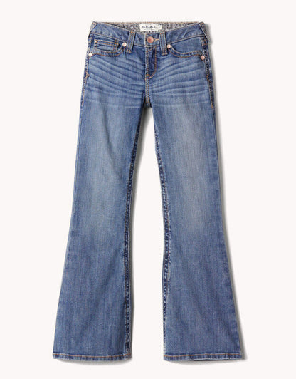 Classic blue bootcut denim jeans with five pockets and faded detailing, laid flat.