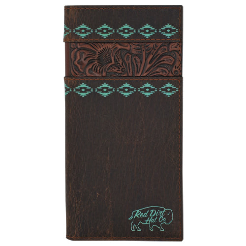 Brown leather wallet with teal patterns and 'Red Dirt Hat Co' branding on a white background