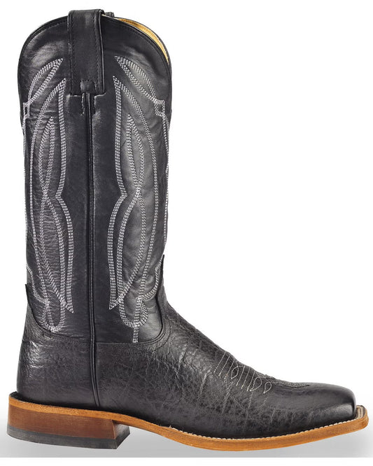 Black leather cowboy boot with decorative stitching and a wooden heel, western footwear