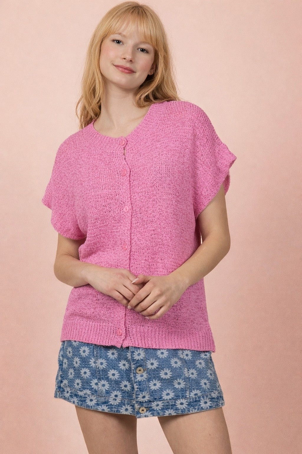 Button Down Solid Knit Summer Sweater Top