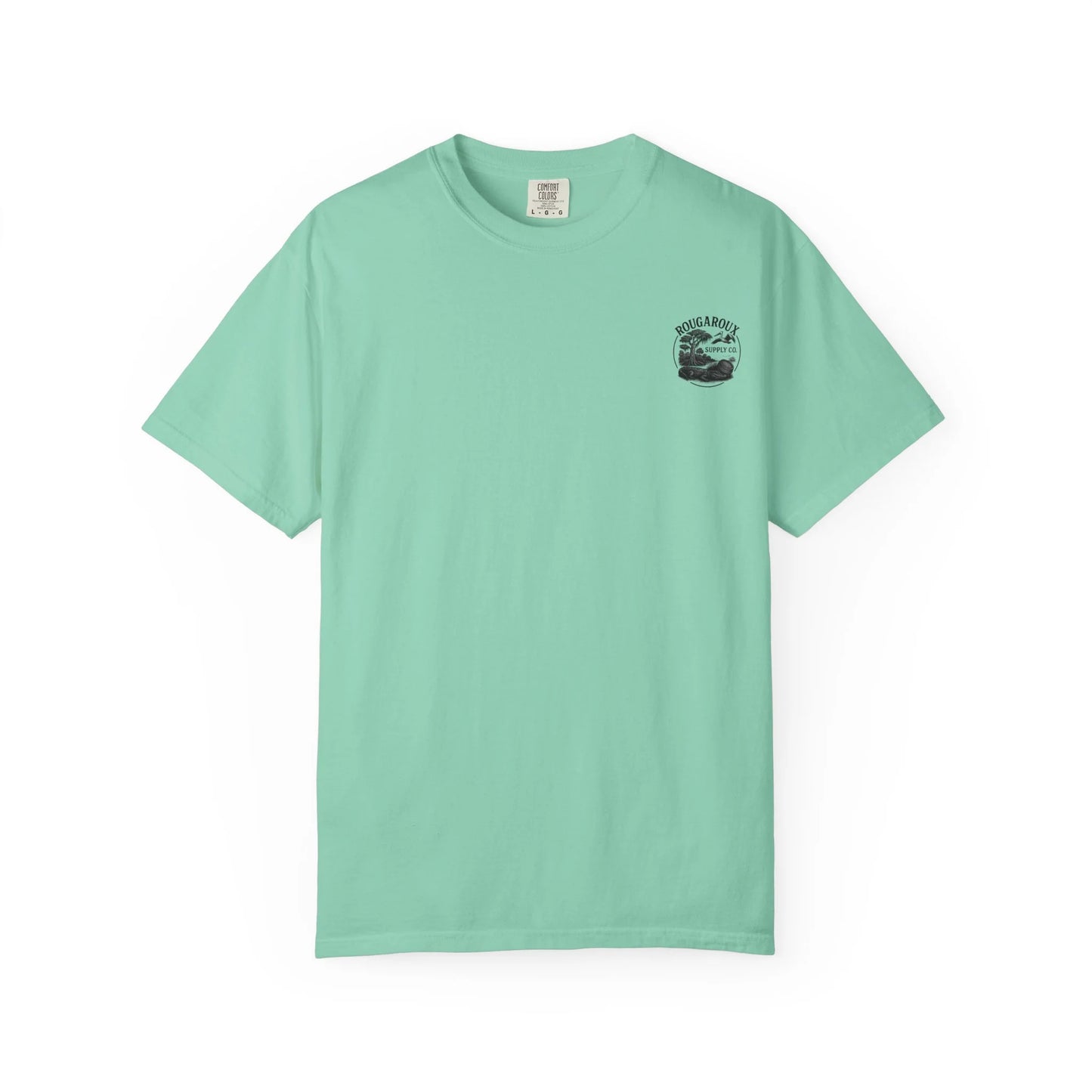 Light green t-shirt with a logo and text on a white background