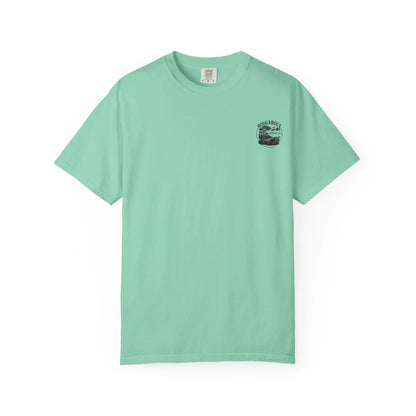 Light green t-shirt with a logo and text on a white background