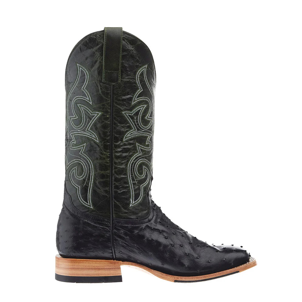Black ostrich leather cowboy boot with green shaft and decorative stitching, side view