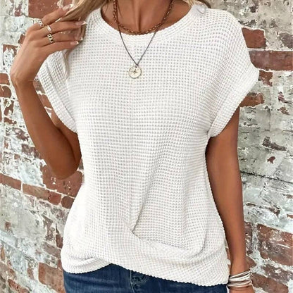 kycozy - Solid Color Round Neck Twist Short Sleeve T-Shirt