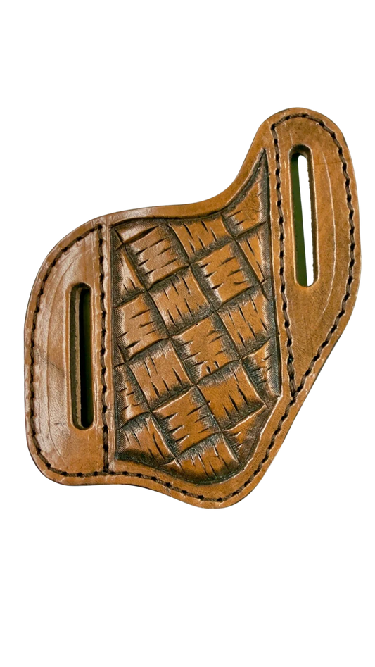 Brown leather holster with woven pattern on a white background