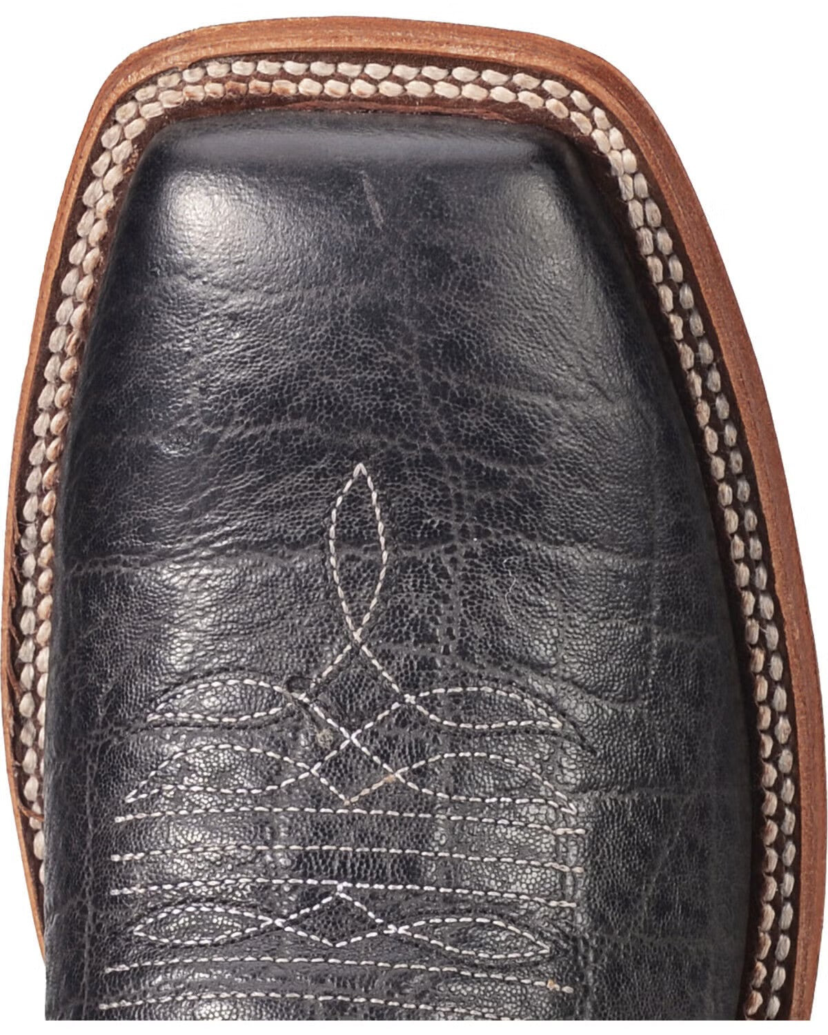 Square toe black leather cowboy boot with white stitching and decorative welt