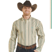 A man wearing a long-sleeve striped button-down shirt in teal, cream, and tan, paired with a brown cowboy hat and dark jeans. The image includes a color swatch panel on the right showing the stripe pattern, and text at the bottom describing the product as 97% cotton 2% spandex in teal, 81.