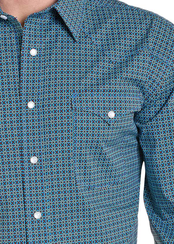 Blue geometric patterned button-up western shirt with pearl snap buttons