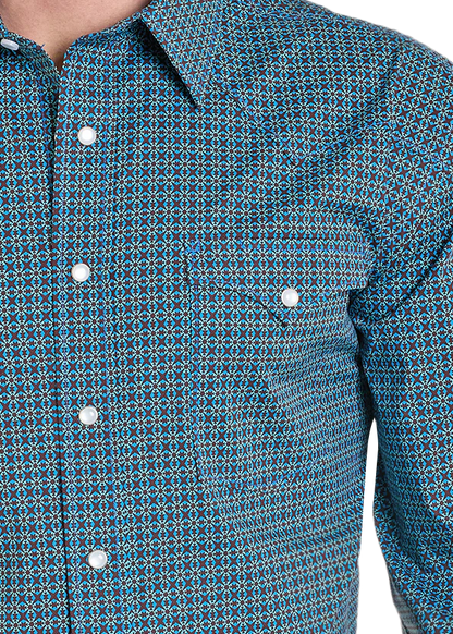 Blue geometric patterned button-up western shirt with pearl snap buttons