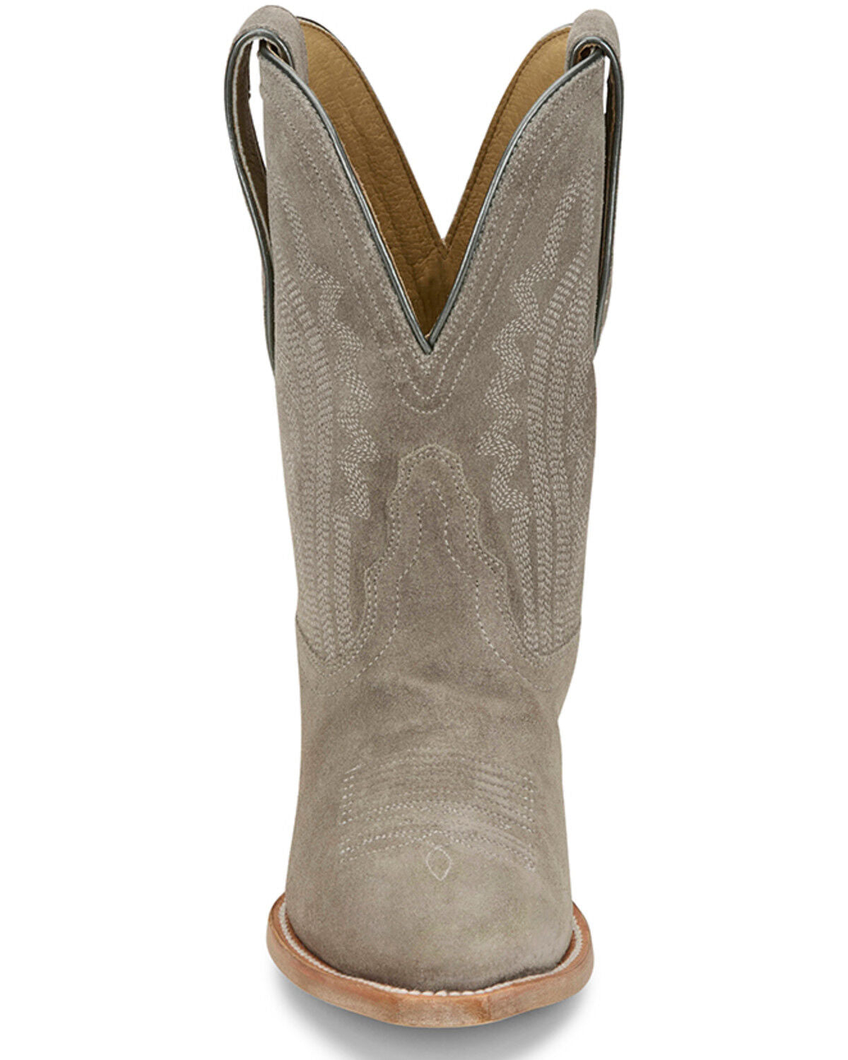 Front view of a gray suede western cowboy boot with decorative stitching