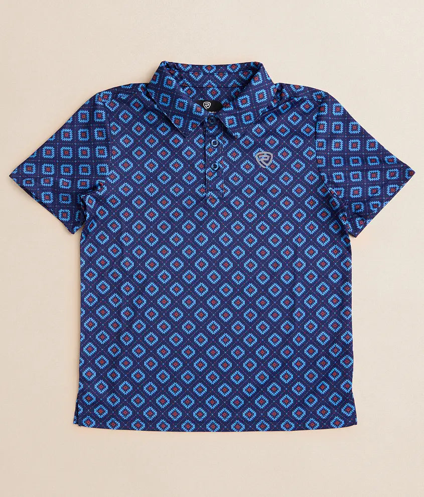 Men's short sleeve polo shirt with blue geometric diamond pattern on navy background
