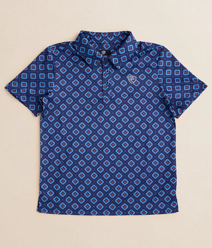 Men's short sleeve polo shirt with blue geometric diamond pattern on navy background