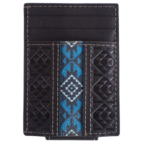 Black cardholder with blue and white pattern on a white background